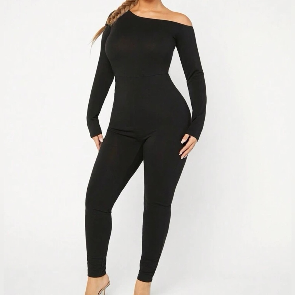 Sexy Solid Asymmetrical Neck Unitard Jumpsuit In … - image 1